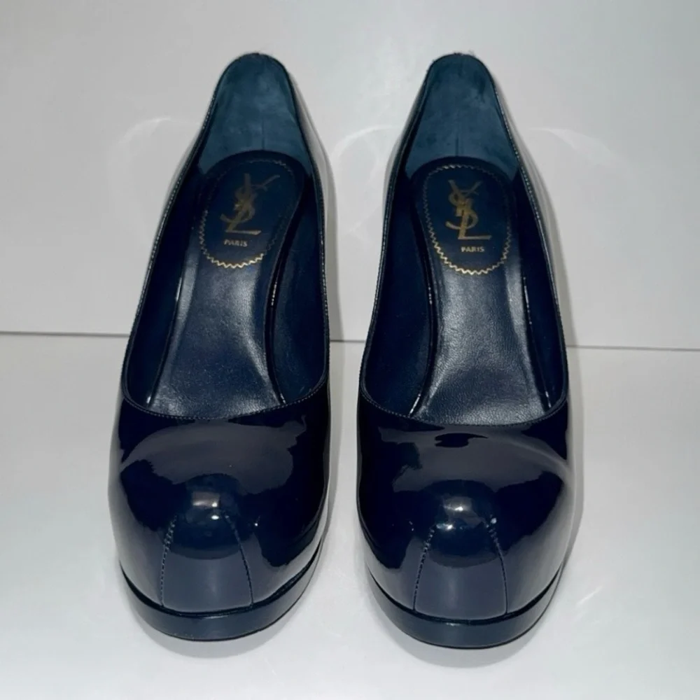 SAINT LAURENT Tribtoo 80 Patent Navy Blue Leather Heel Round Toe Pumps Size 40 - Picture 12 of 16